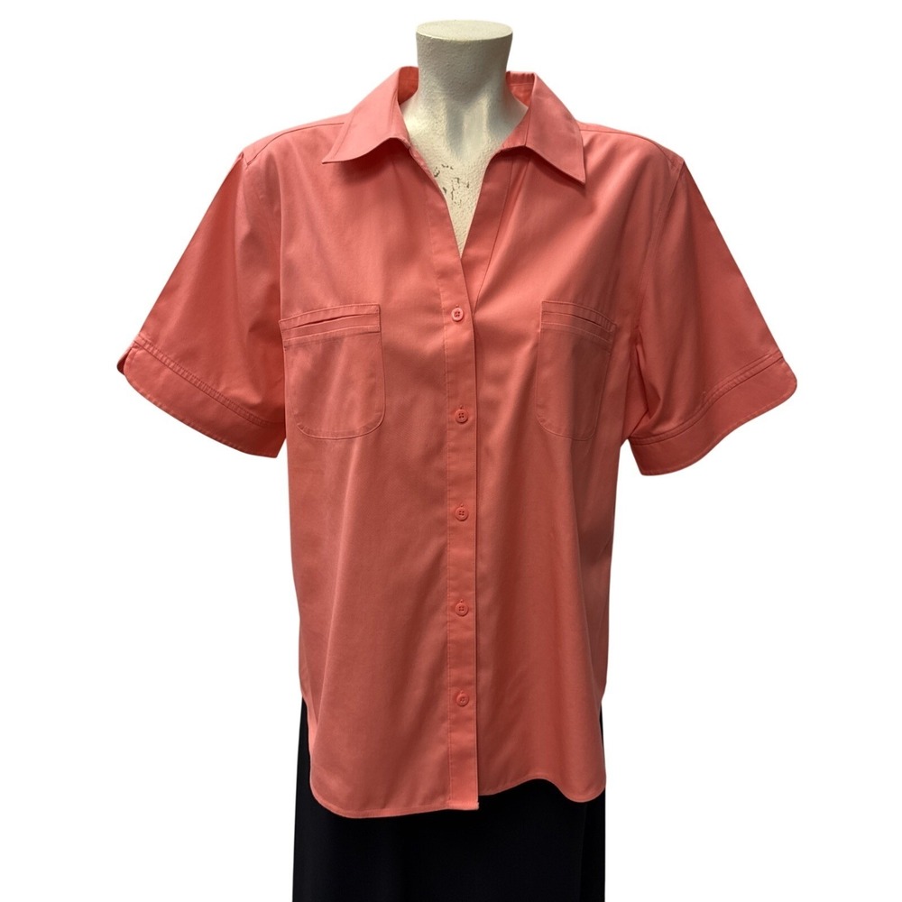 Chicos No-Iron Short Sleeve Button Down Shirt Coral Pink Cotton Chicos‎ Size 3